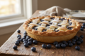 A delicious looking 9inch blueberry pie with a flaky crust and blueberries around it on a wooden table.