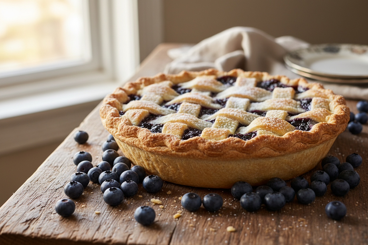 A delicious looking 9inch blueberry pie with a flaky crust and blueberries around it on a wooden table.