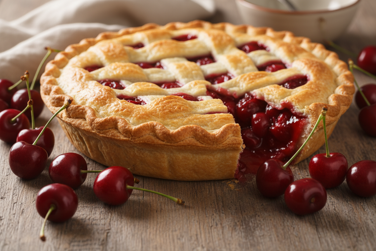 A delicious looking 9inch cherry pie with a flaky crust and cherries around it on a wooden table.