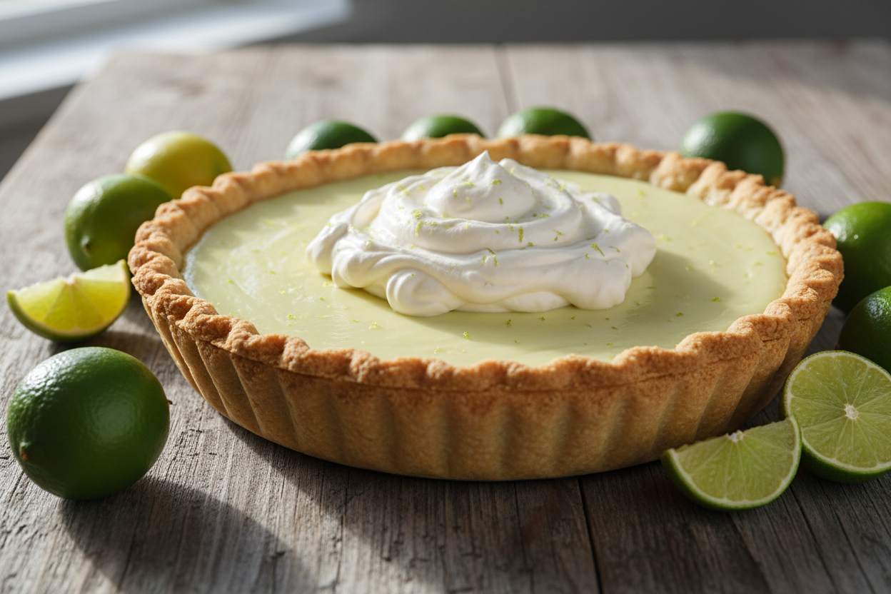 A delicious looking 9inch key lime pie with a flaky crust surrounded by key limes on a wooden table.