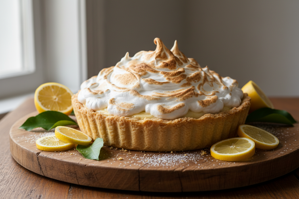 A delicious looking 9inch lemon meringue pie with a flaky crust surrounded by lemon slices on a wooden table.