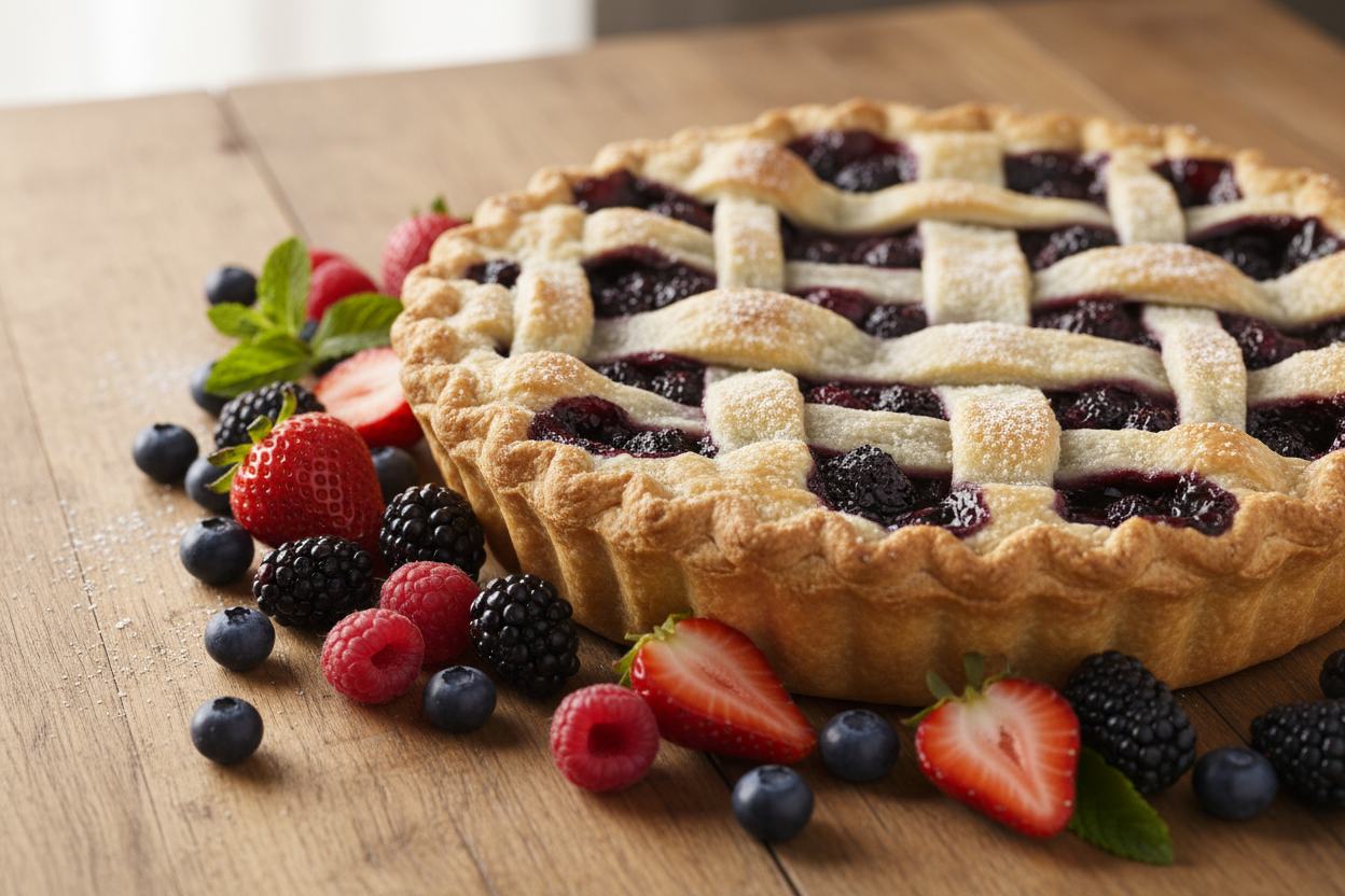 A delicious looking 9inch mixed berry pie with a flaky crust surrounded by mixed berries on a wooden table.