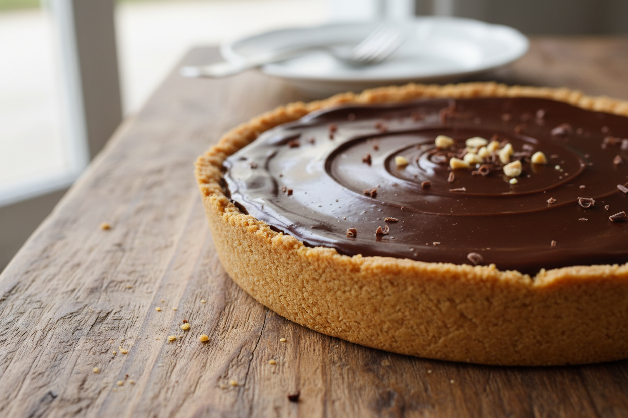 A delicious looking 9inch peanut butter pie with dark chocolate ganache and a gram cracker crust by on a wooden table.
