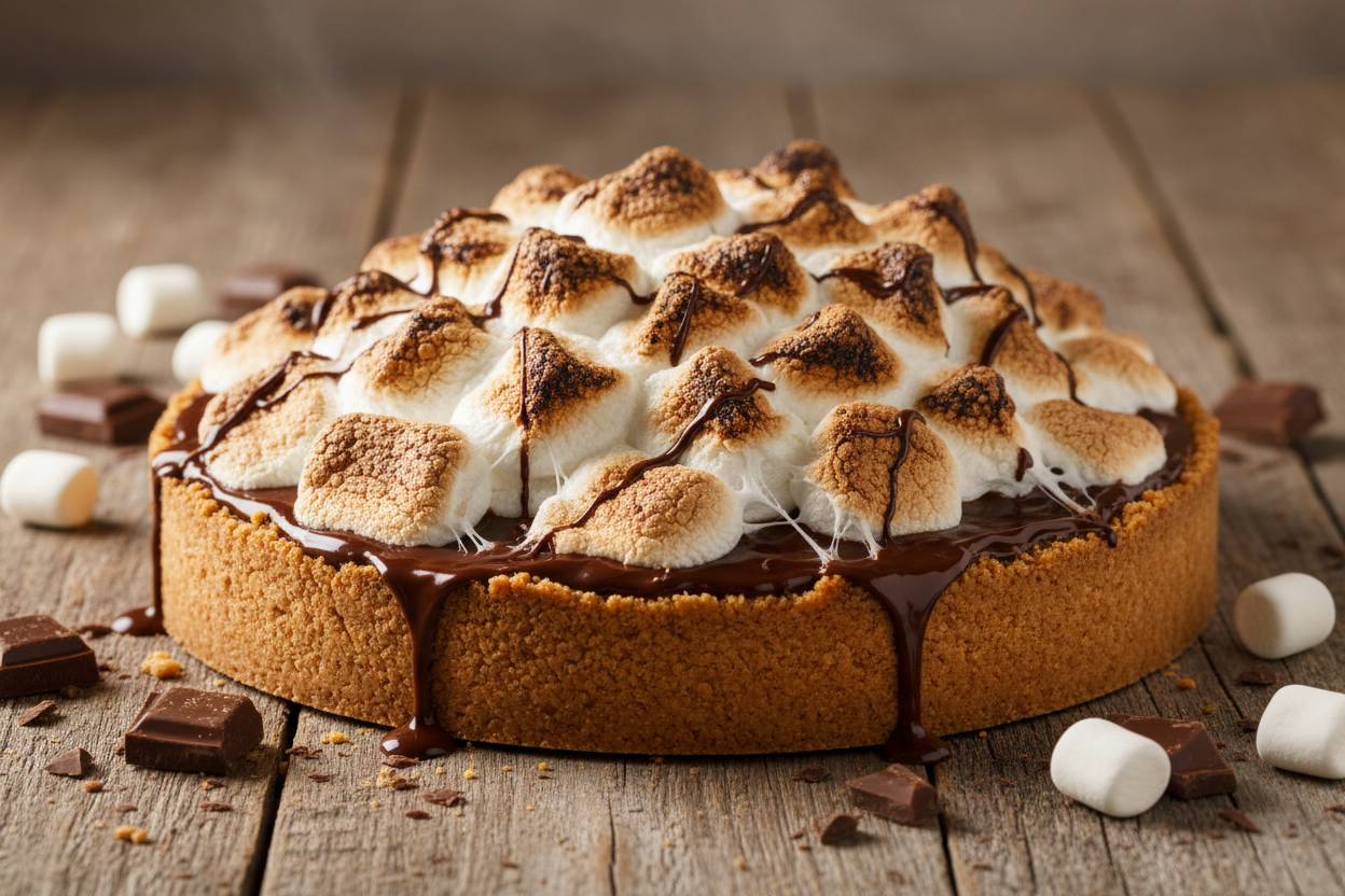 A delicious looking 9inch s'mores pie with a gram cracker crust surrounded by chocolate and marshmallows on a wooden table.