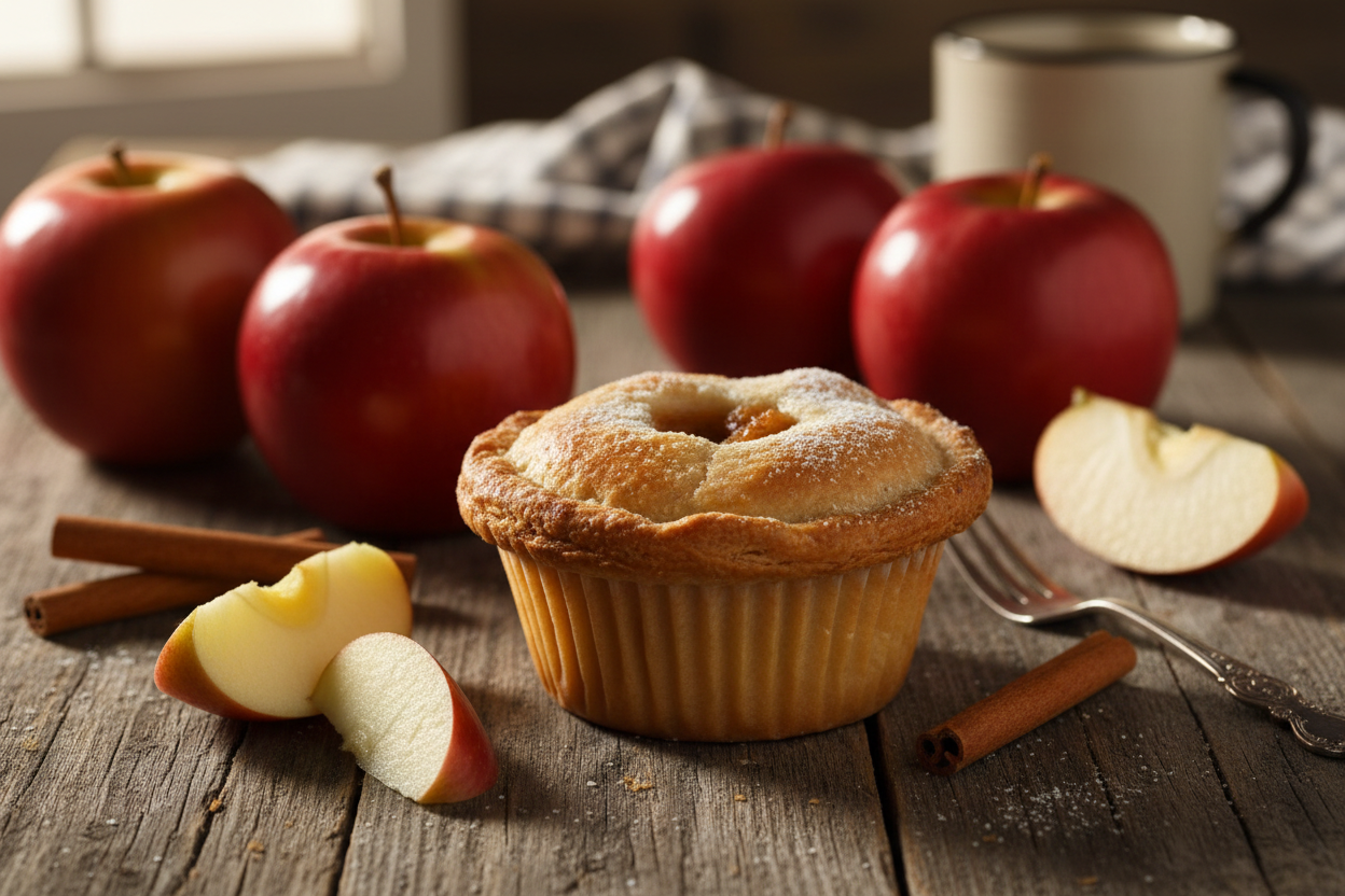 A delicious looking cupcake sized apple pie with a flaky crust surrounded by apples on a wooden table.