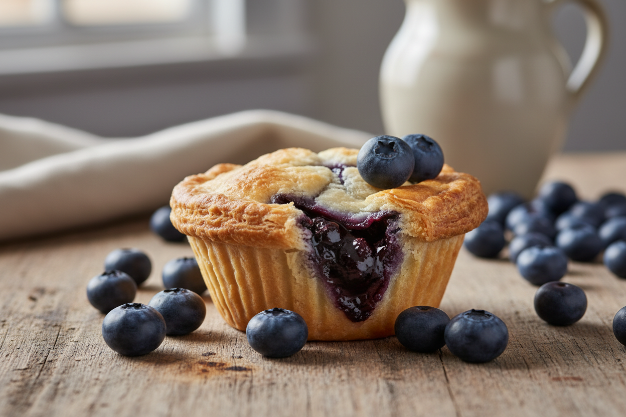 A delicious looking cupcake sized blueberry pie with a flaky crust surrounded by blueberries on a wooden table.
