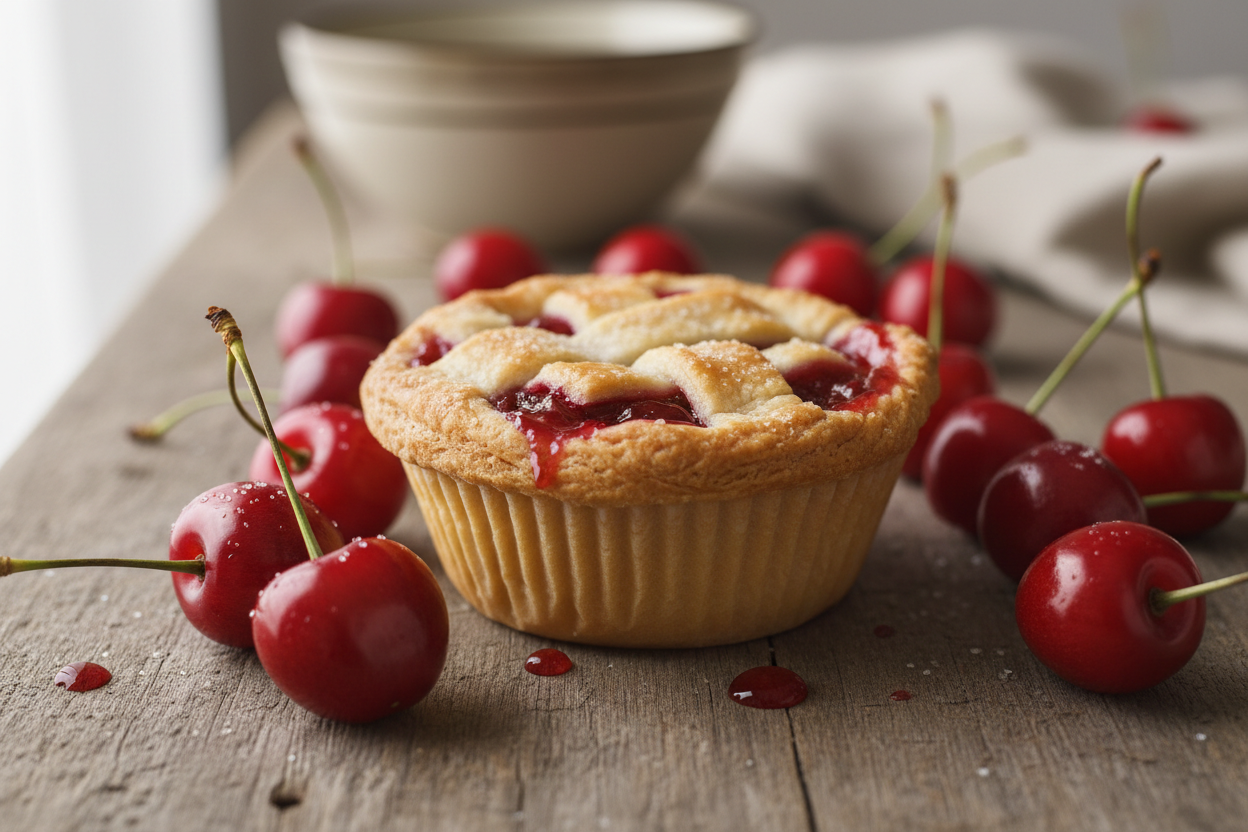 A delicious looking cupcake sized cherry pie with a flaky crust surrounded by cherries on a wooden table.