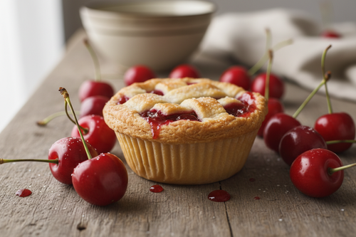 A delicious looking cupcake sized cherry pie with a flaky crust surrounded by cherries on a wooden table.