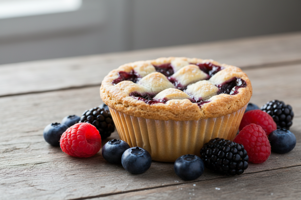 A delicious looking cupcake sized mixed berry pie with a flaky crust surrounded by mixed berries on a wooden table.