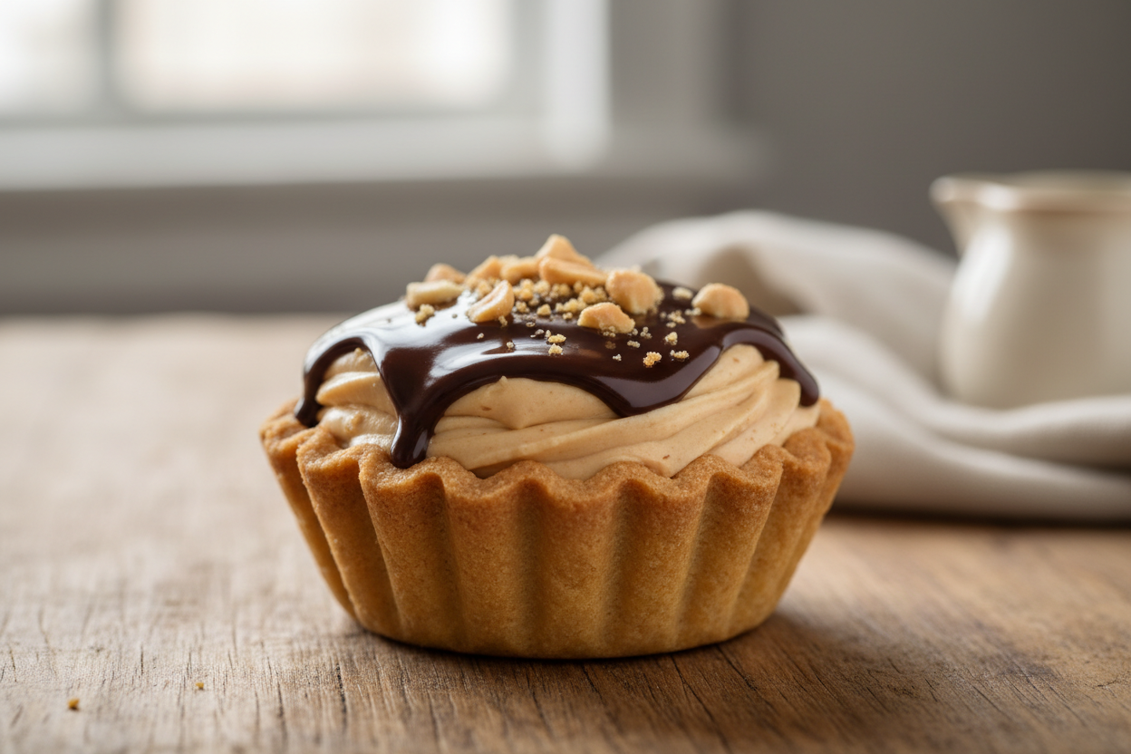 A delicious looking cupcake sized peanut butter pie with a chocolate ganache in a gram cracker crust surrounded on a wooden table.