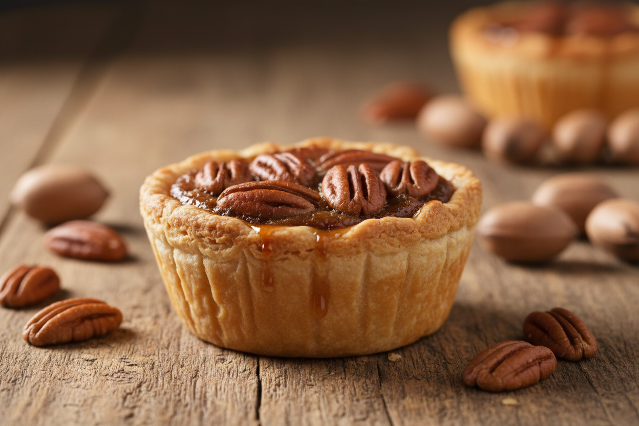 A delicious looking cupcake sized pecan pie with a flaky crust surrounded by pecans on a wooden table.
