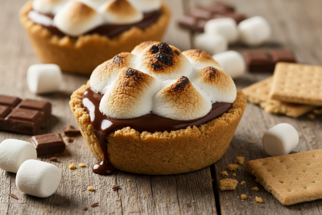 A delicious looking cupcake sized s'mores pie with a gram cracker crust surrounded by chocolate, marshmallow, and gram crackers on a wooden table.