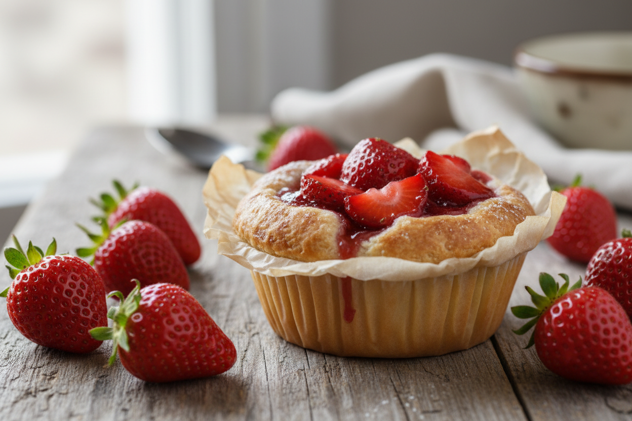 A delicious looking cupcake sized strawberry pie with a flaky crust surrounded by strawberry on a wooden table.