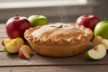 A delicious looking personal sized 5inch apple pie with a flaky crust surrounded by apples on a wooden table.
