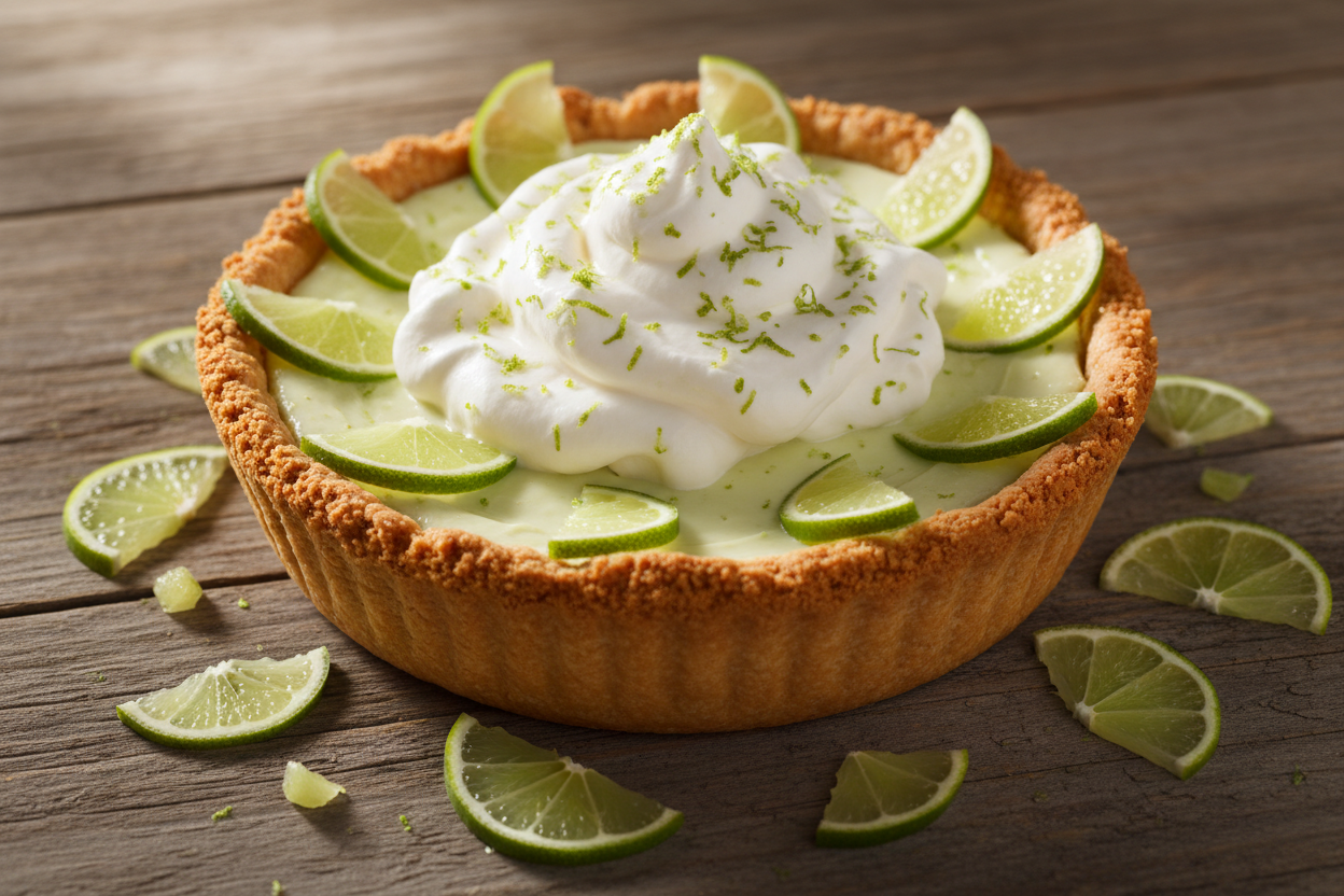 A delicious looking personal sized 5inch key lime pie with a flaky crust surrounded by slices of key lime on a wooden table.
