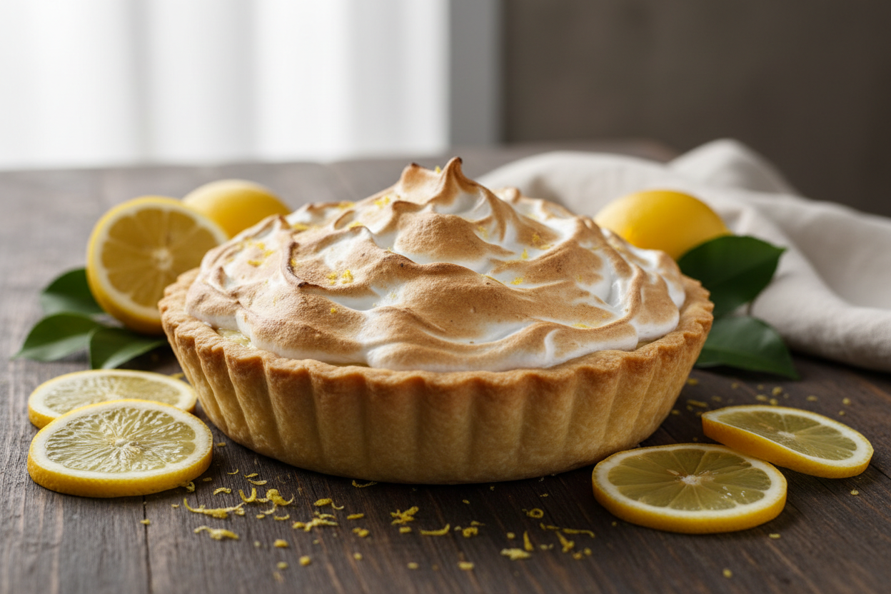 A delicious looking personal sized 5inch lemon meringue pie with a flaky crust surrounded by lemon slices on a wooden table.
