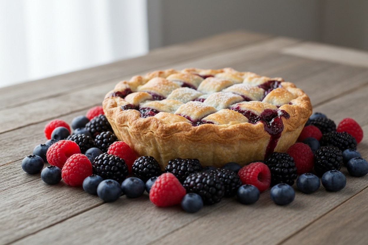A delicious looking personal sized 5inch mixed berry pie with a flaky crust surrounded by mixed berries on a wooden table.
