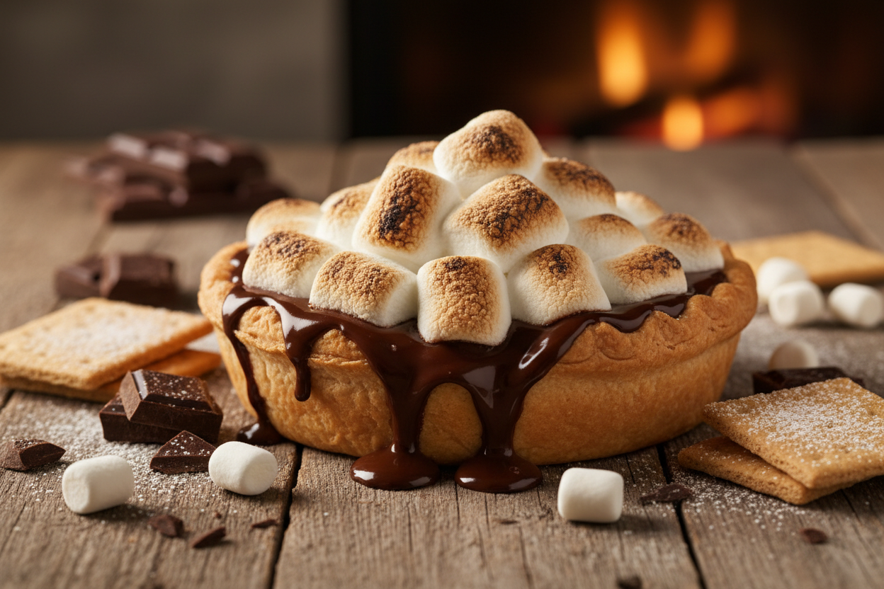A delicious looking personal sized 5inch s'mores pie with a flaky crust surrounded by chocolate and marshmallows on a wooden table.