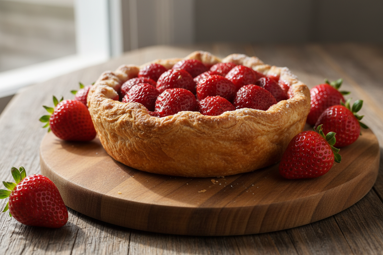 A delicious looking personal sized 5inch strawberry pie with a flaky crust surrounded by strawberries on a wooden table.